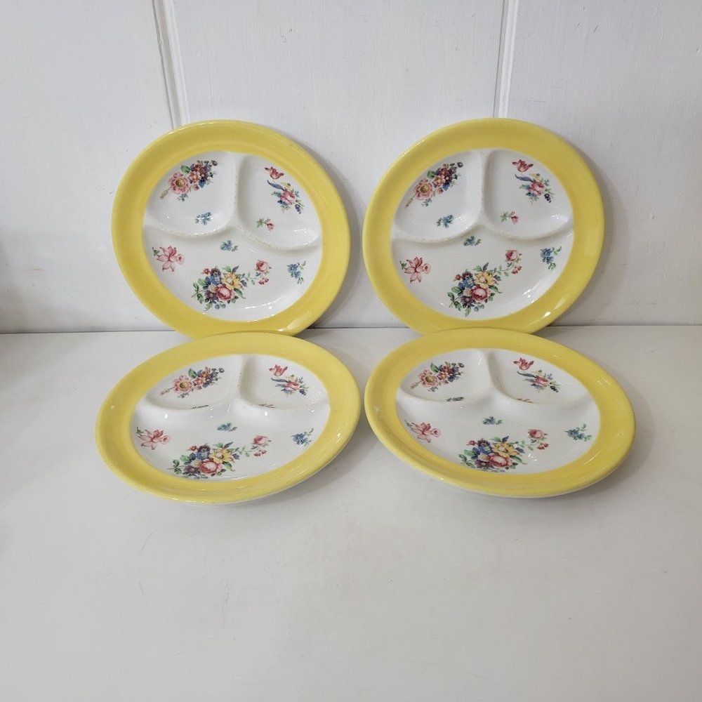 Syracuse China Yellow Floral Divided Dinner Plates Set of Four - Picture 9 of 10